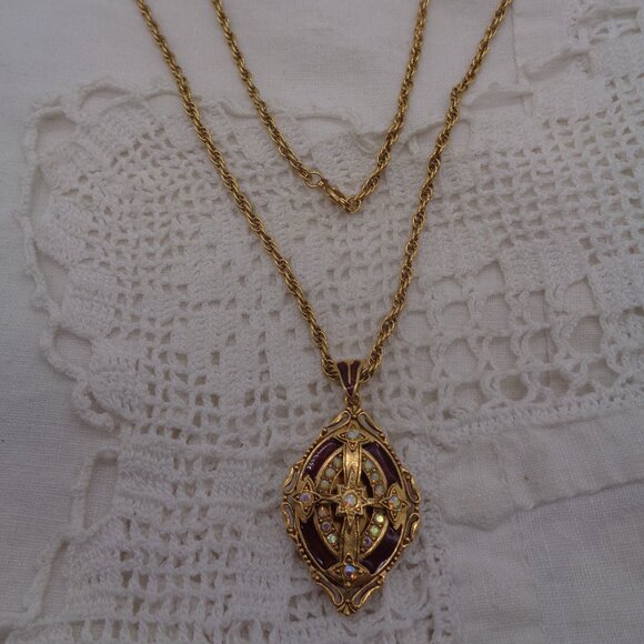 Vatican Library Enamel Cross Locket Pendant Necklace AB Rhinestones - Picture 7 of 7